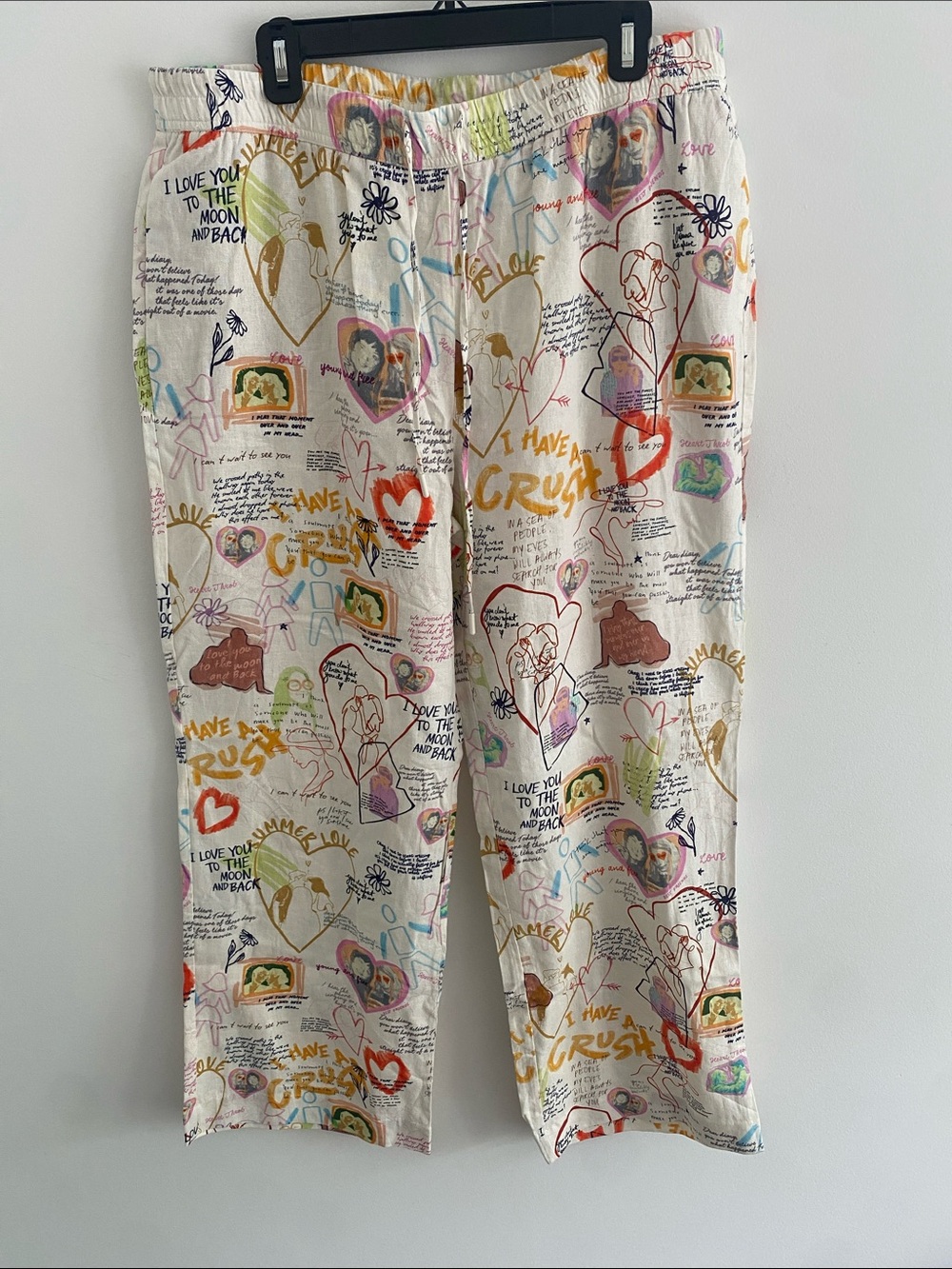 Maison d’Amelie Linen Blend Wide Leg Pull on Graphic Summer Love Arty Pants XL - Picture 3 of 11